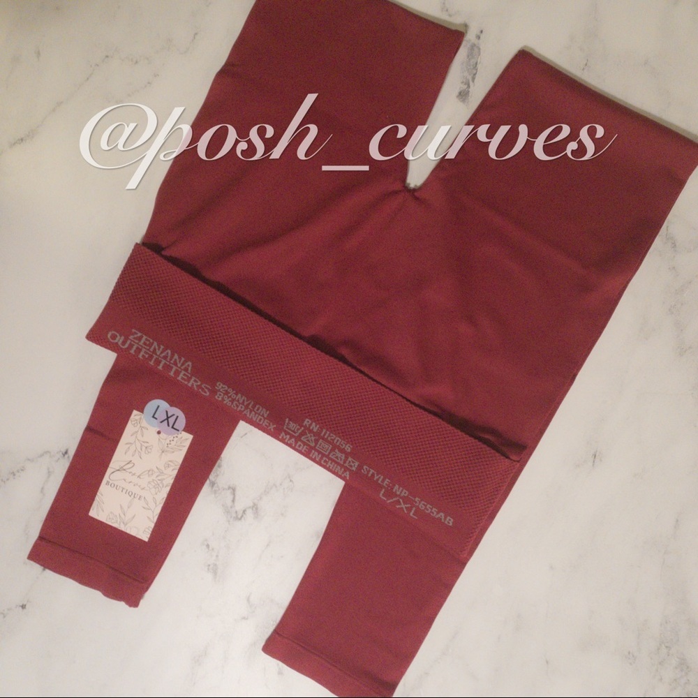 Zenana Seamless High-Waist Tummy Control Leggings: Cabernet Red | Size L/XL NWT. - Picture 8 of 10